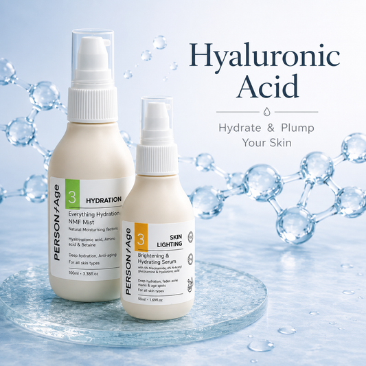 "Hyaluronic acid skincare products from PERSONTAGE, including a hydration mist and hydrating serum for deep hydration and skin barrier support."