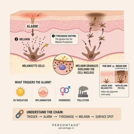 "Infographic showing how UV exposure, hormones, inflammation, and pollution cause hyperpigmentation and dark spots."