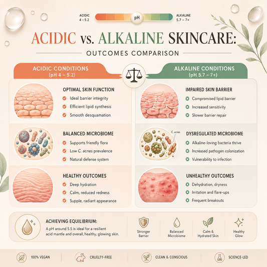 "Acidic vs. alkaline skincare infographic explaining how pH influences the skin barrier, microbiome balance, hydration, and breakouts."