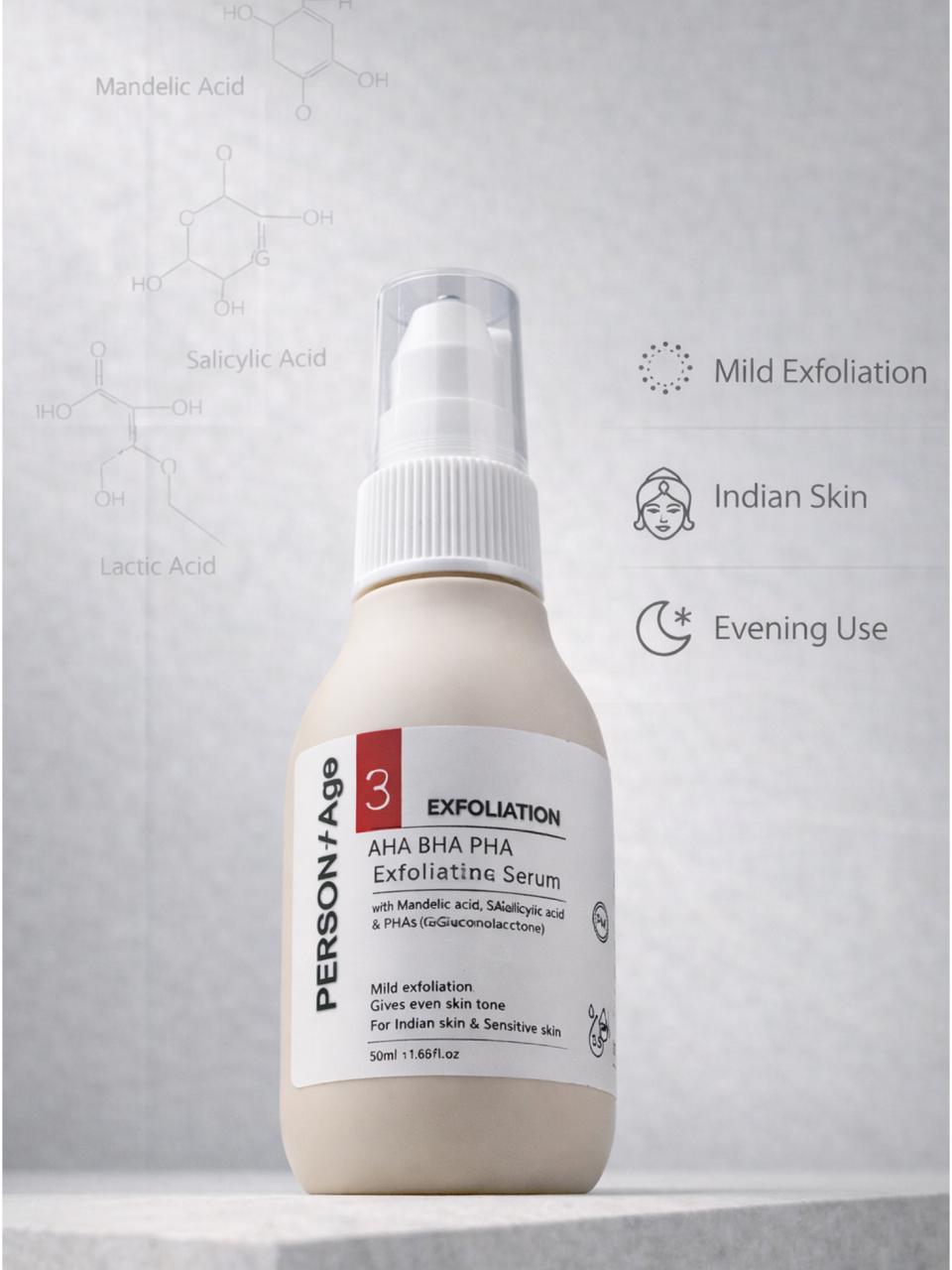 Persontage AHA BHA PHA – Triple Action Exfoliating Serum Exfoliating serum bottle with label on a light gray background