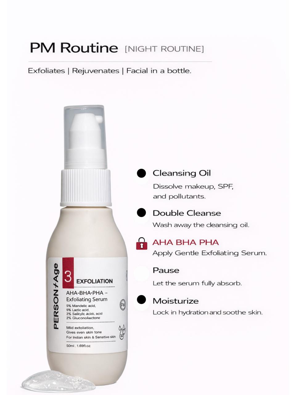 Persontage AHA BHA PHA – Triple Action Exfoliating Serum - Skincare product with PM Routine instructions on a white background