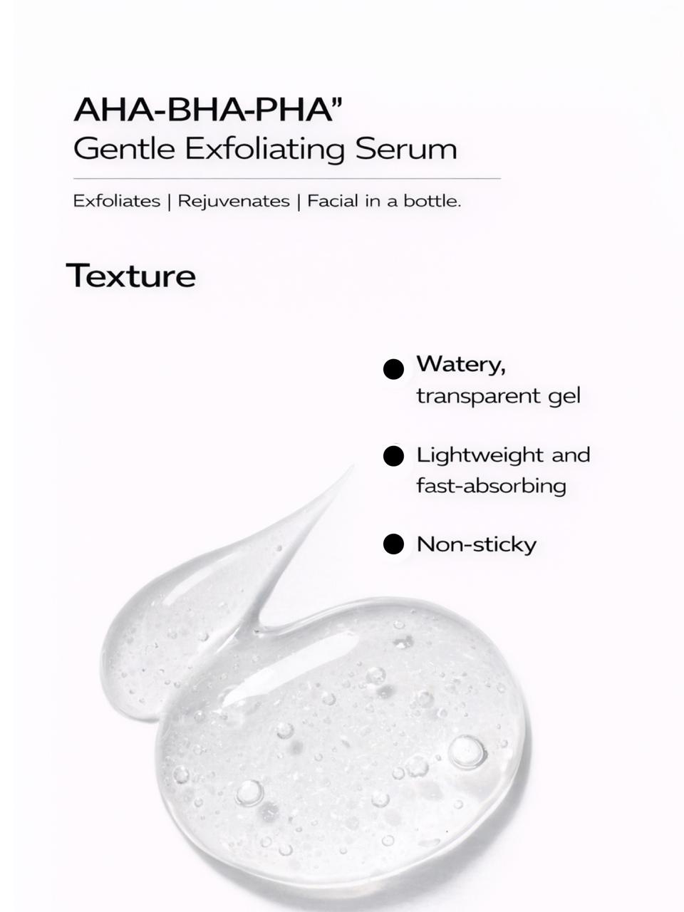 AHA-BHA-PHA gentle exfoliating serum with texture description on a white background