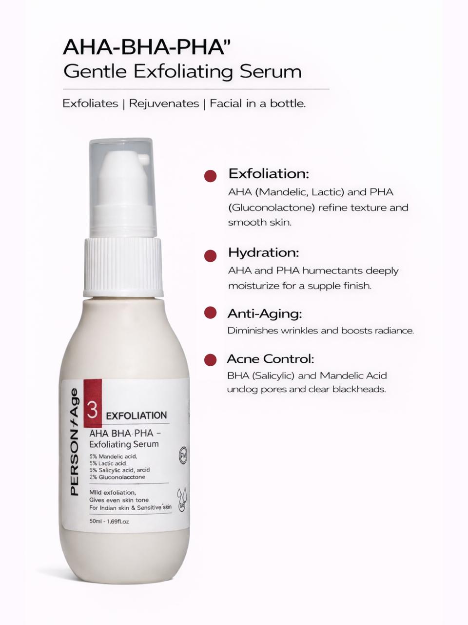 Persontage AHA-BHA-PHA gentle exfoliating serum bottle with product details on a white background