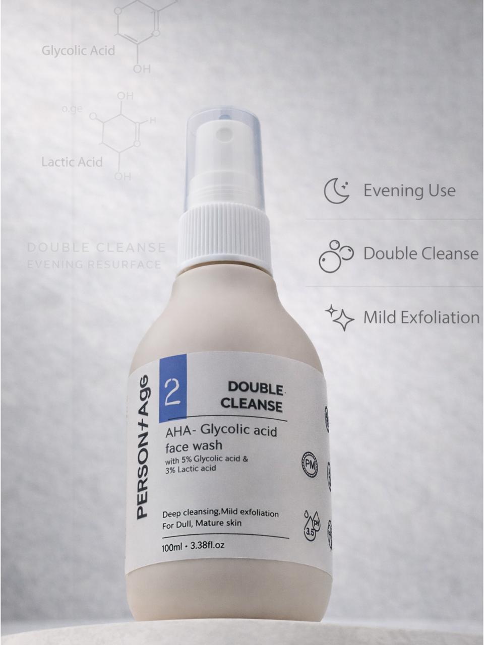 Persontage AHA EXFOLIATING Face Wash - Double Cleanse face wash bottle with text on a gray background