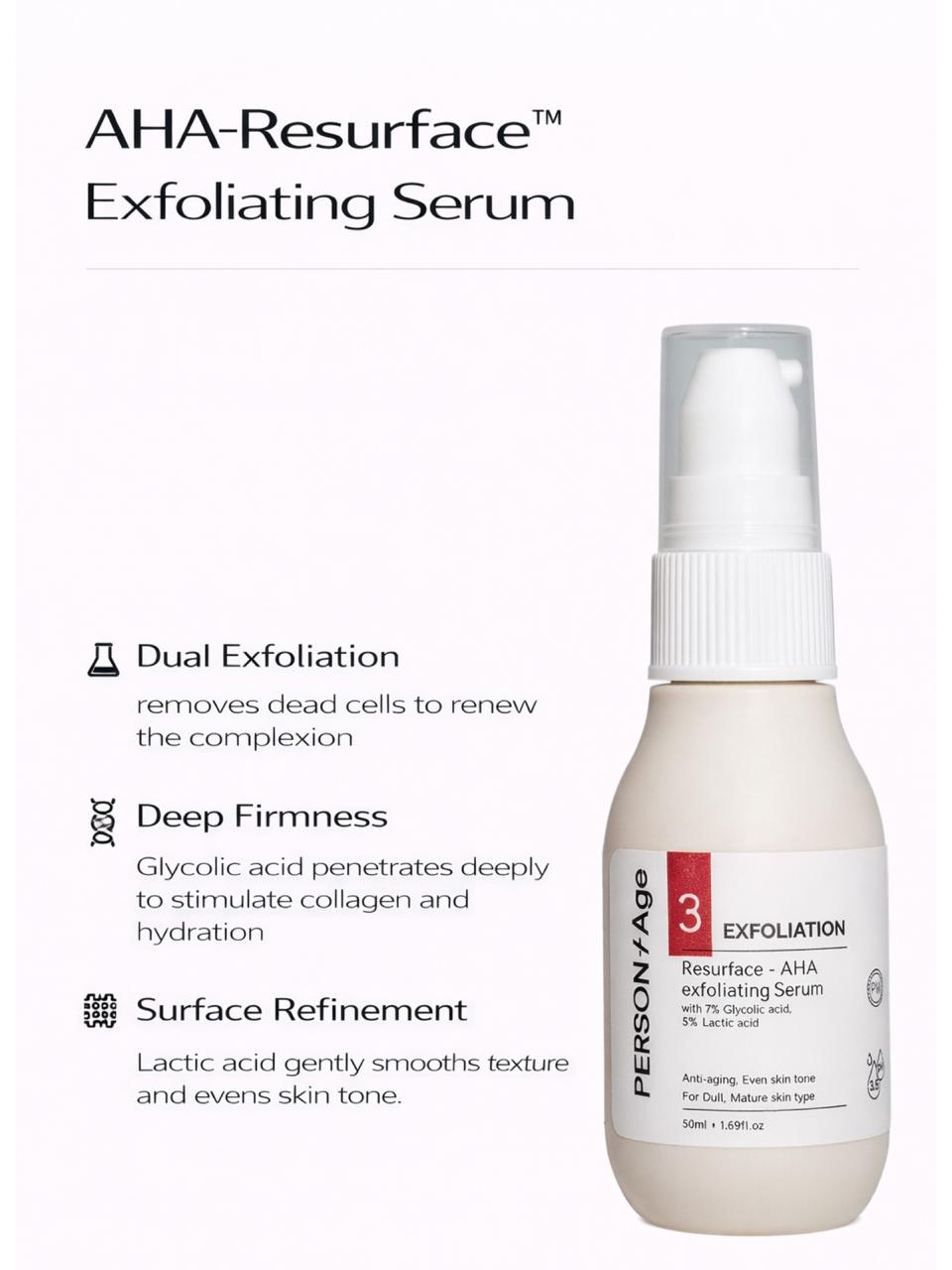 RESURFACE AHA - Skin Liquid Exfoliant serum, bottle with text on a white background