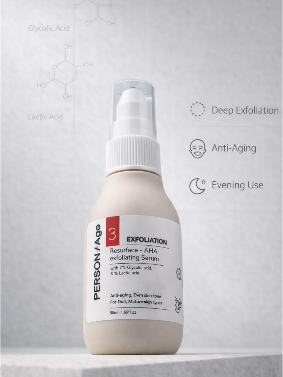 Persontage RESURFACE AHA - Skin Liquid Exfoliant, Skincare serum bottle with label on a light gray background