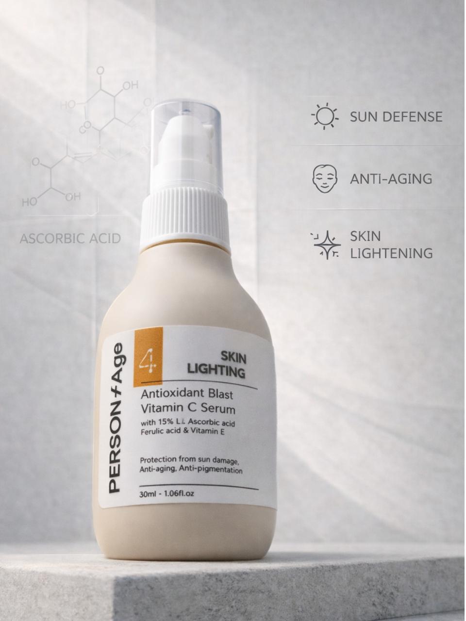 Persontage Vitamin C Serum – ANTIOXIDANT BLAST  skin lighting serum bottle with product features on a gray background