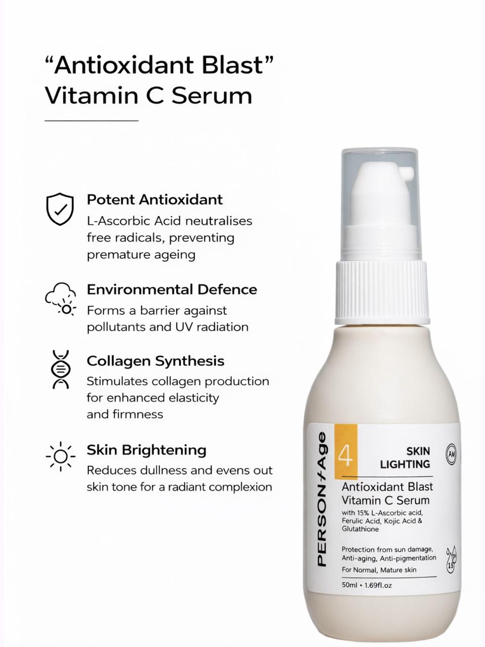 Persontage Vitamin C serum bottle with text highlighting its benefits on a white background
