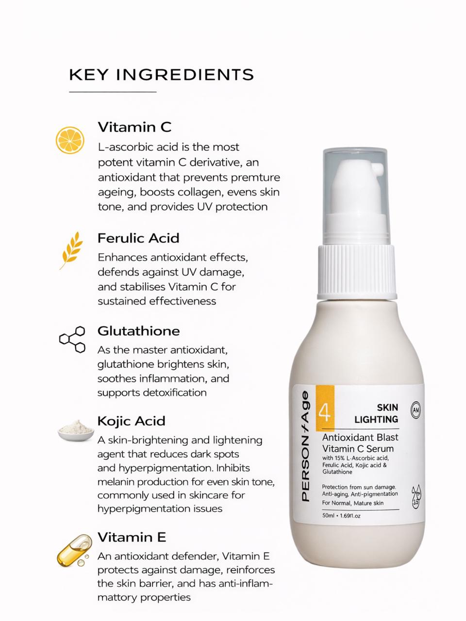 Persontage Vitamin C Serum – ANTIOXIDANT BLAST - Skincare product with key ingredients listed on a white background