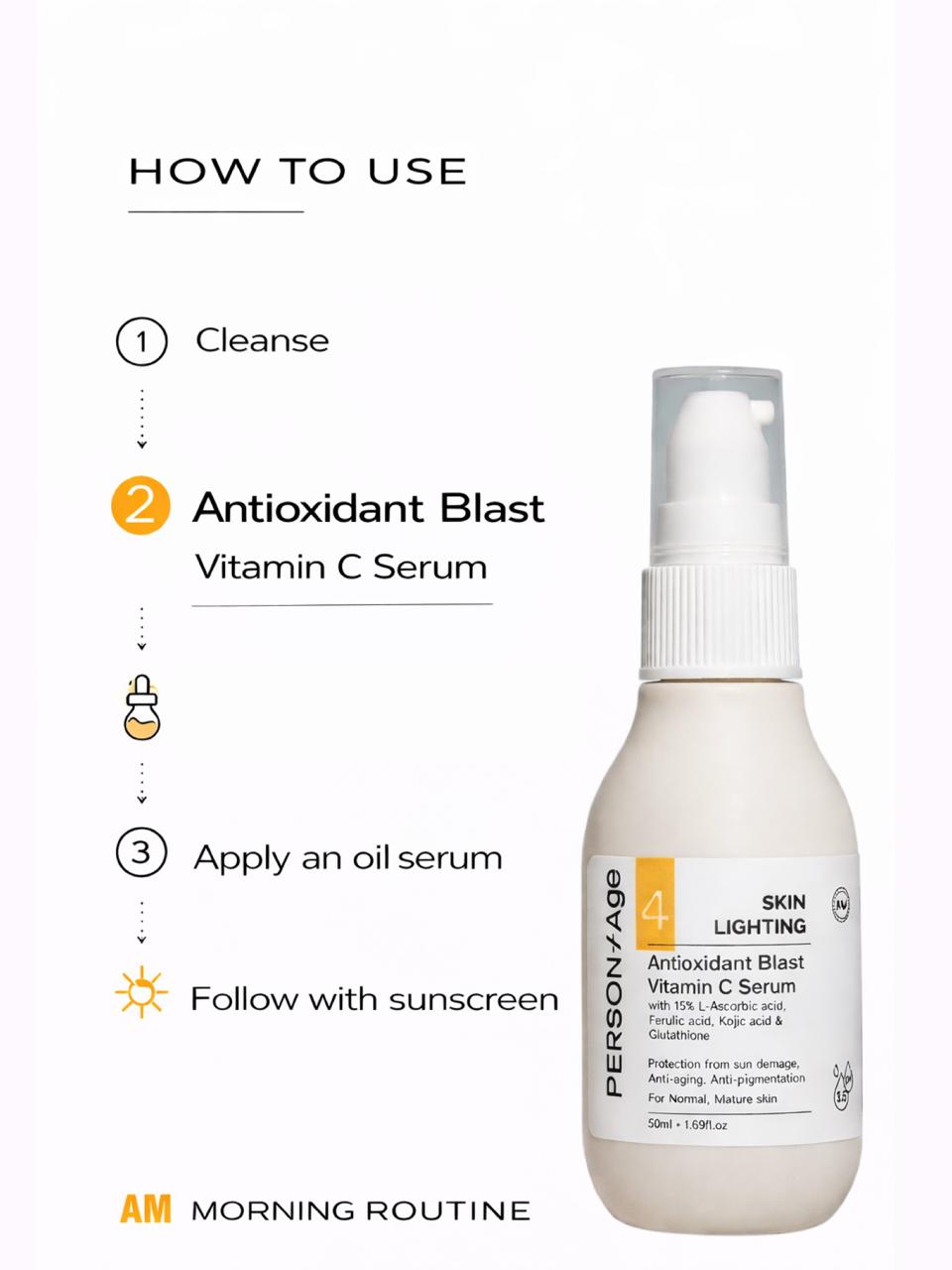 Persontage Vitamin C Serum – ANTIOXIDANT BLAST - serum bottle with usage instructions on a white background