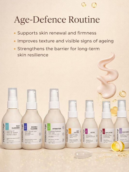 AGE-DEFENCE ROUTINE – Skin Renewal Routine Kit,  skincare product lineup with text on an beige background