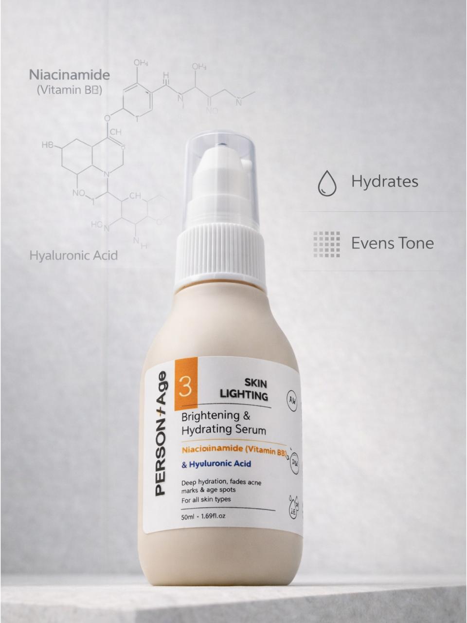 Persontage BRIGHTENING & HYDRATING Serum - Skincare serum bottle with text on a light gray background