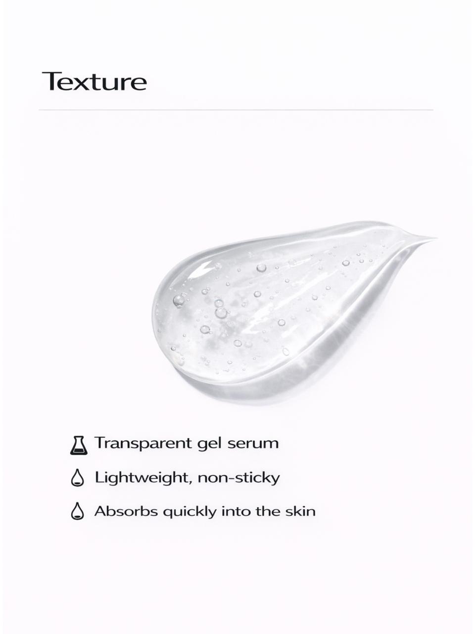 Persontage BRIGHTENING & HYDRATING Serum - Transparent gel serum droplet with texture description on a white background