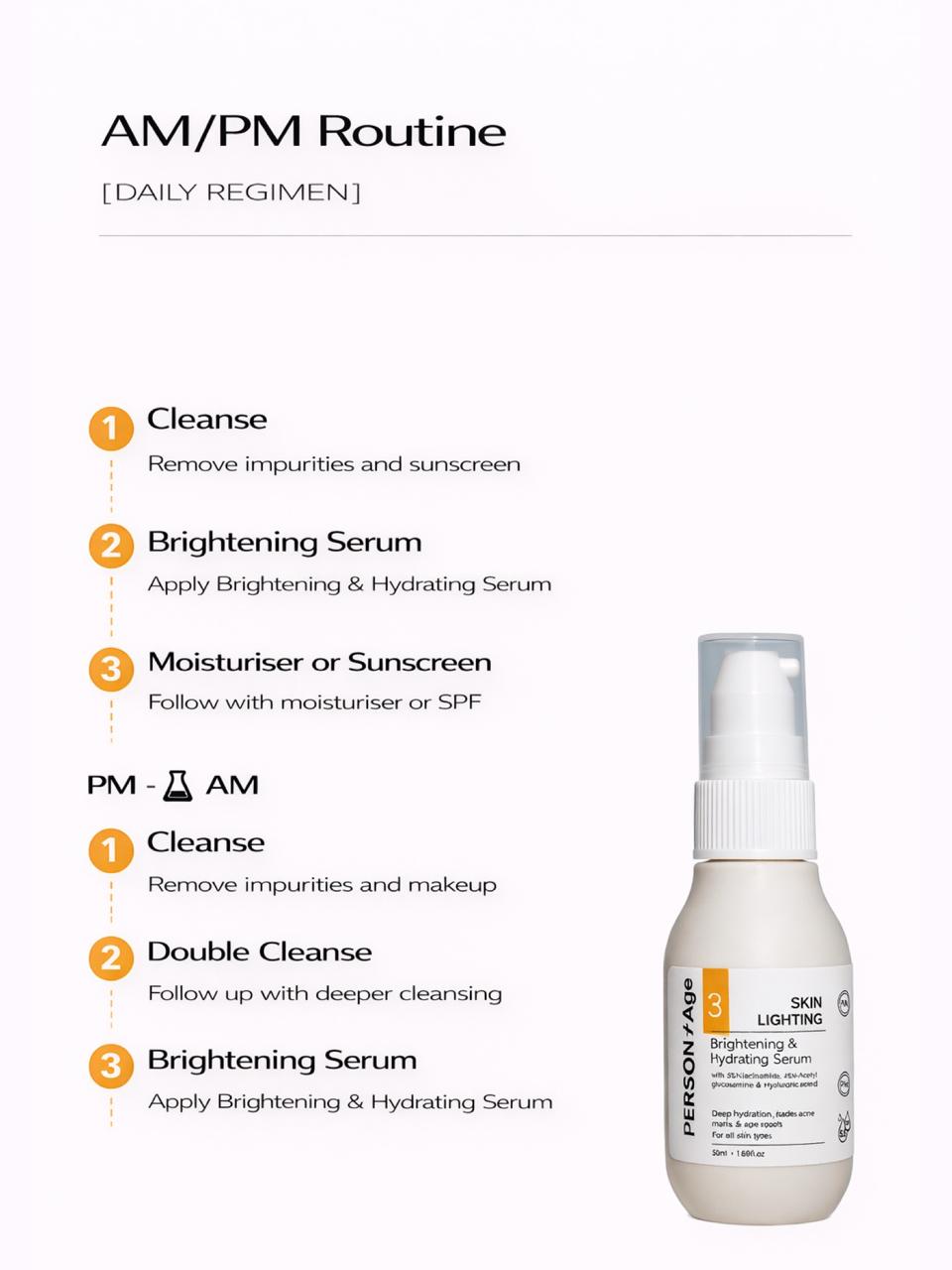 Persontage BRIGHTENING & HYDRATING Serum - Skincare routine guide with a bottle of serum on a white background