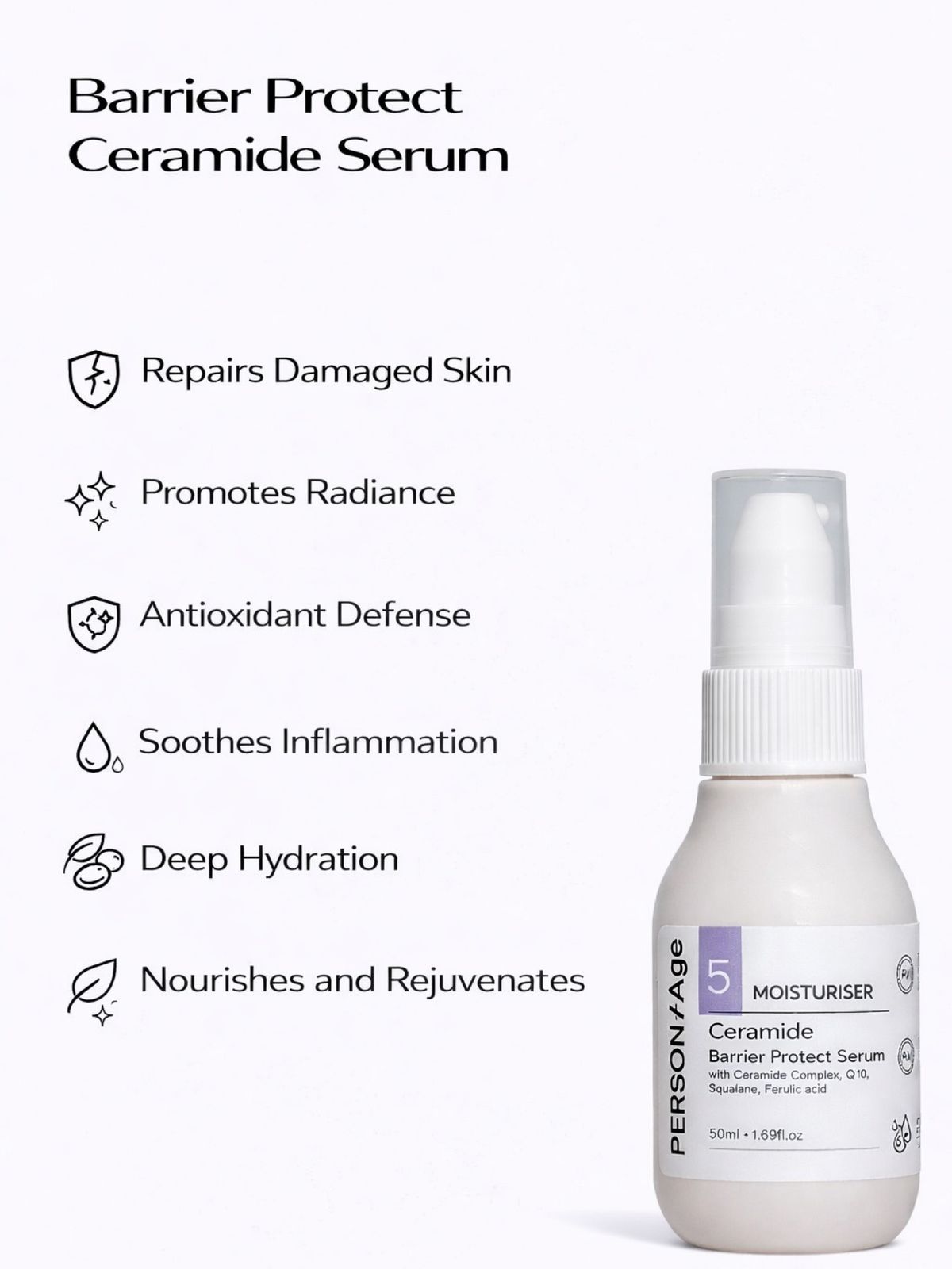 Persontage Barrier Protect Ceramide Serum bottle with benefits listed on a white background