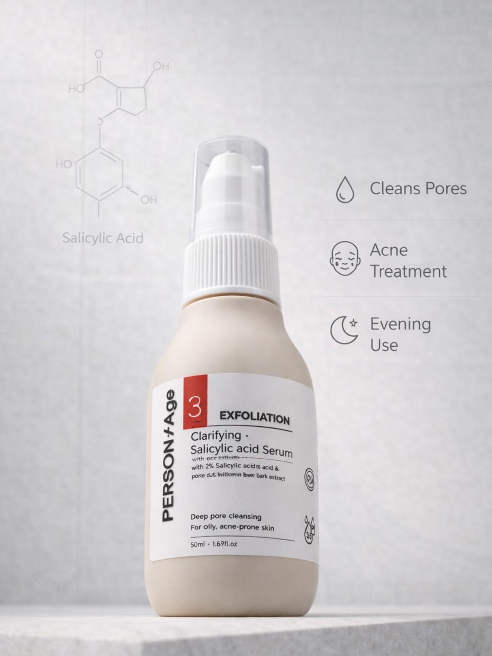 Persontage CLARIFYING Salicylic Acid Serum. Skincare serum bottle with label on a light gray background