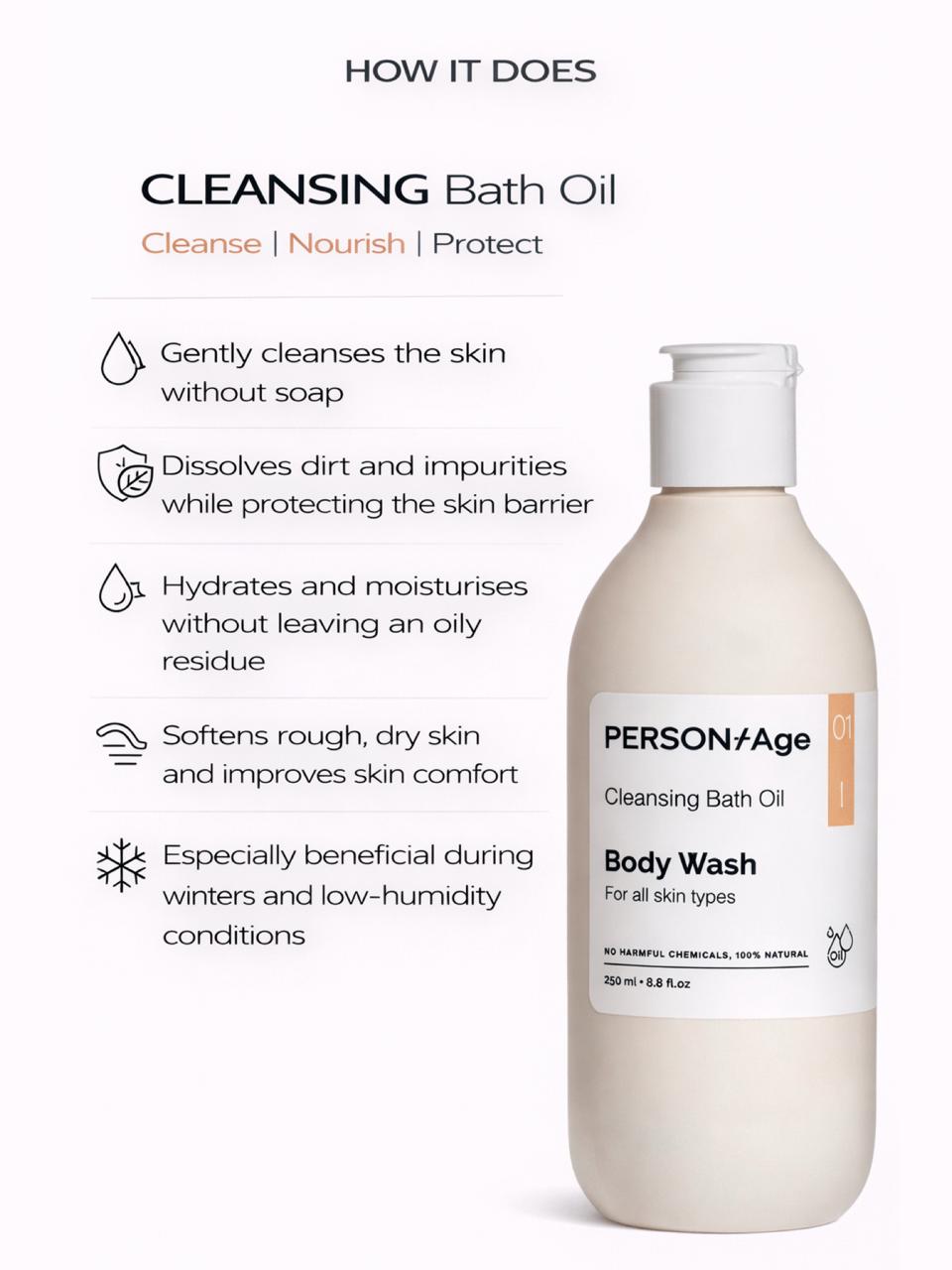 PersontAge Cleansing Bath Oil bottle with text detailing its benefits on a white background
