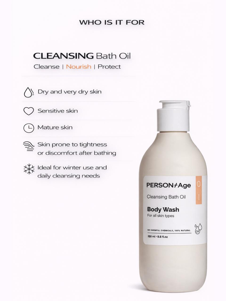 PersontAge cleansing bath oil bottle with product description on a white background