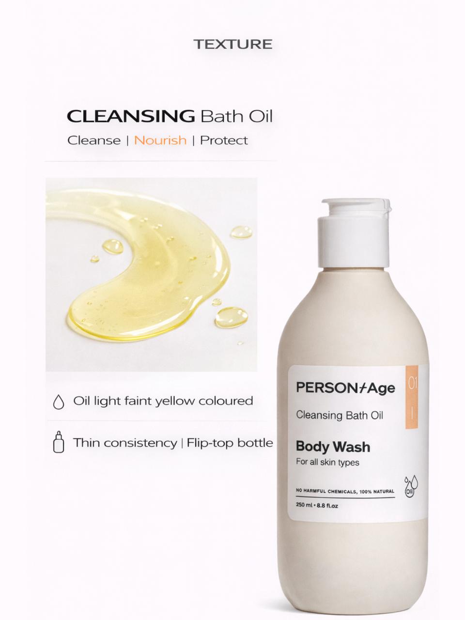 Perontage Cleansing bath oil packaging with a bottle on a white background