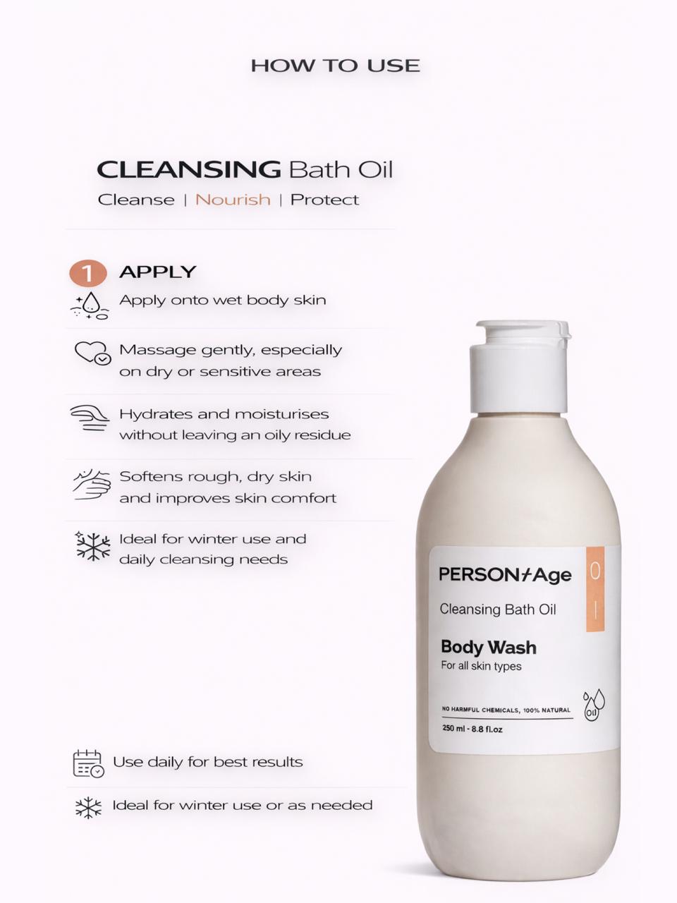 PersonTAge cleansing bath oil bottle with usage instructions on a white background