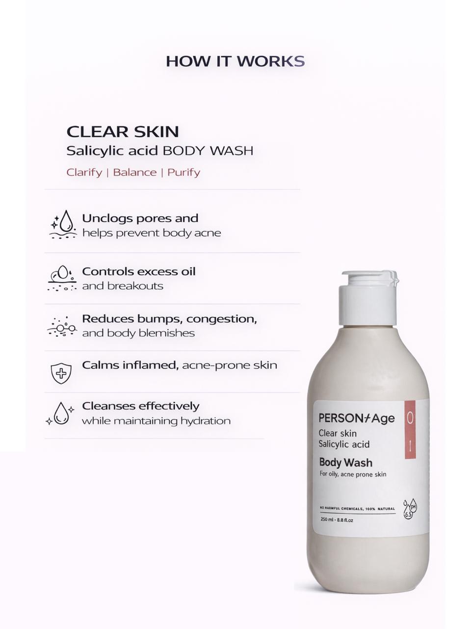 Persontage CLEAR SKIN Salicylic Acid – Clarifying Body Wash Clear skin salicylic acid body wash bottle with benefits listed on a white background