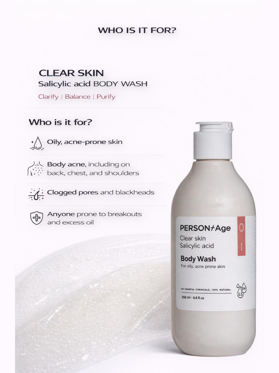 Persontage CLEAR SKIN Salicylic Acid – Clarifying Body Wash Body wash bottle with label on a white background