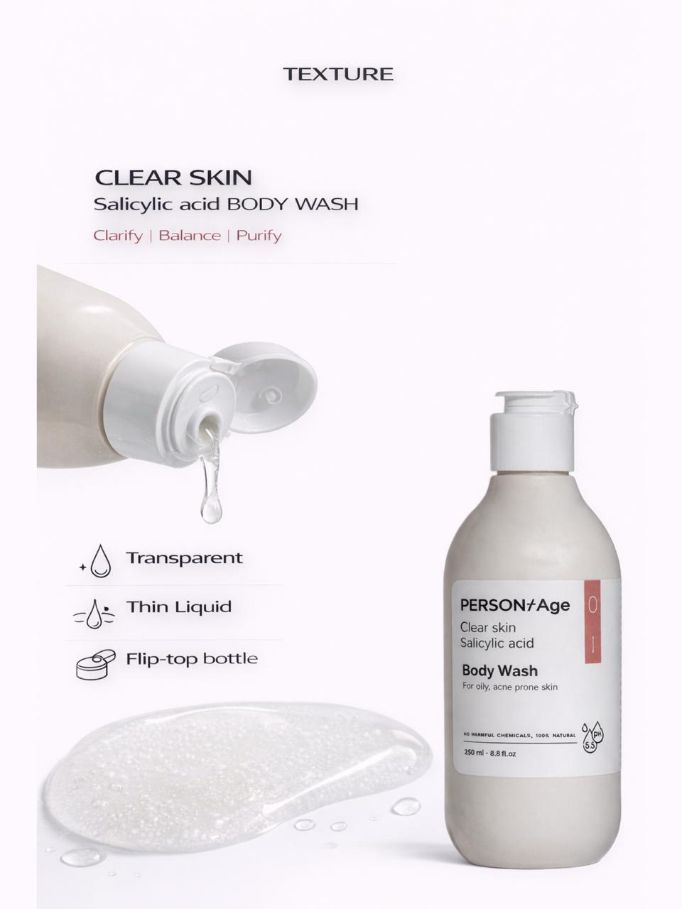 Persontage CLEAR SKIN Salicylic Acid – Clarifying Body Wash Body wash bottle with a flip-top dispenser on a white background
