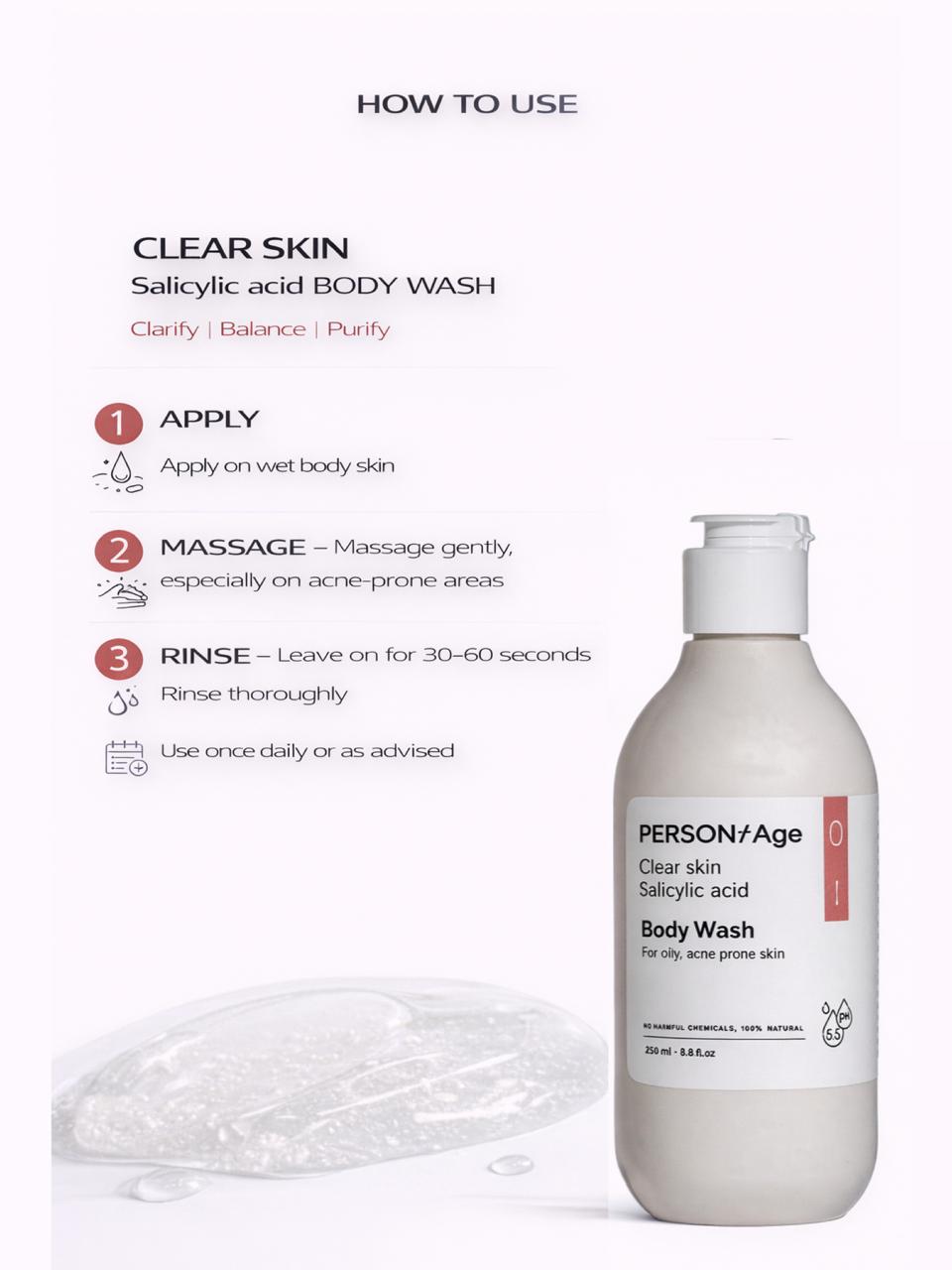 Persontage CLEAR SKIN Salicylic Acid – Clarifying Body Wash Body wash bottle with usage instructions on a white background