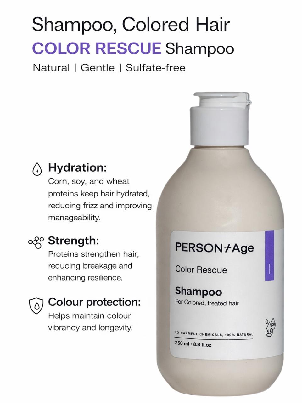 Persontage Shampoo bottle labeled 'Color Rescue' for colored hair on a white background