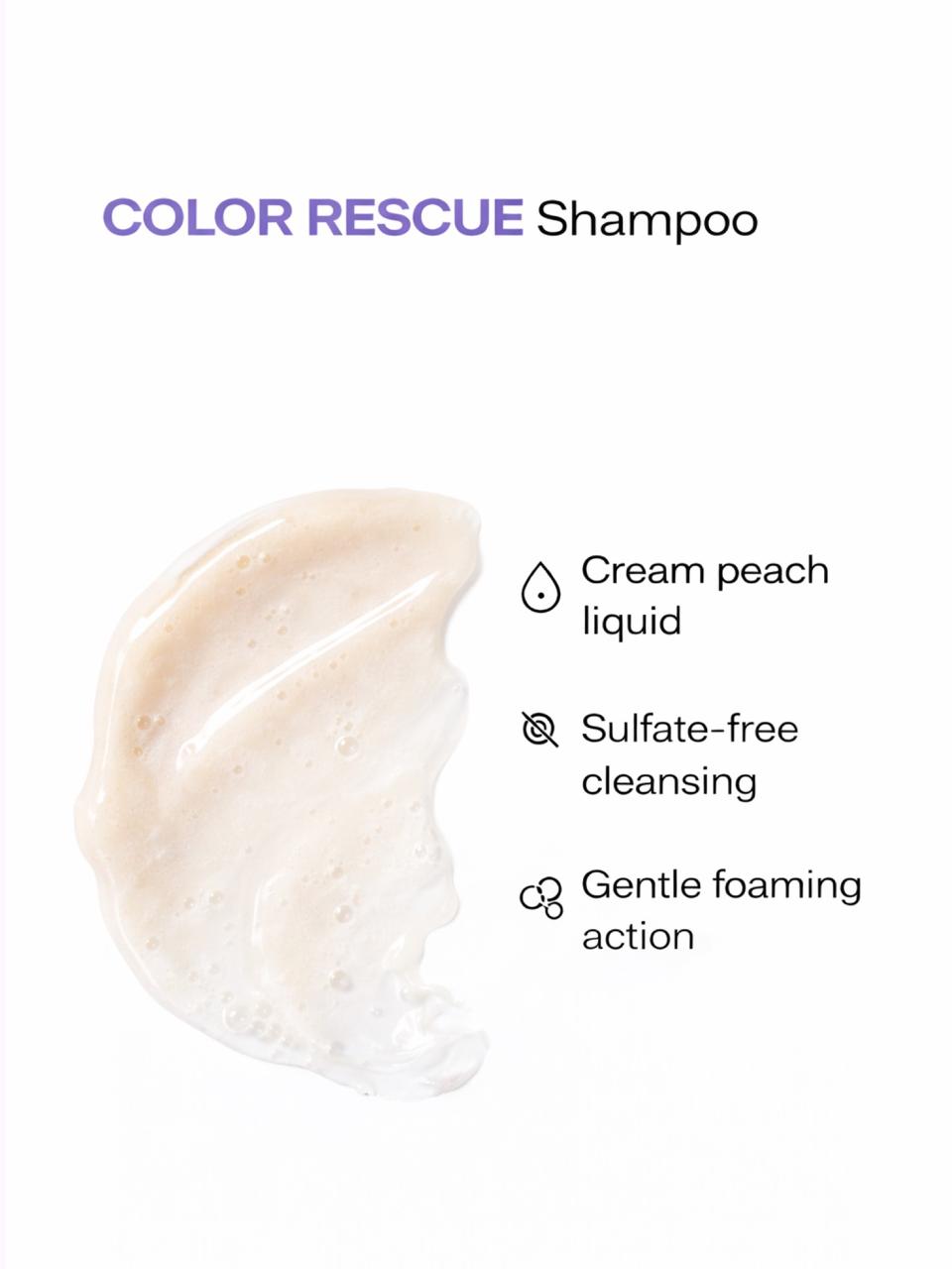 Persontage Color Rescue Shampoo with cream peach liquid, sulfate-free cleansing, and gentle foaming action on a white background.