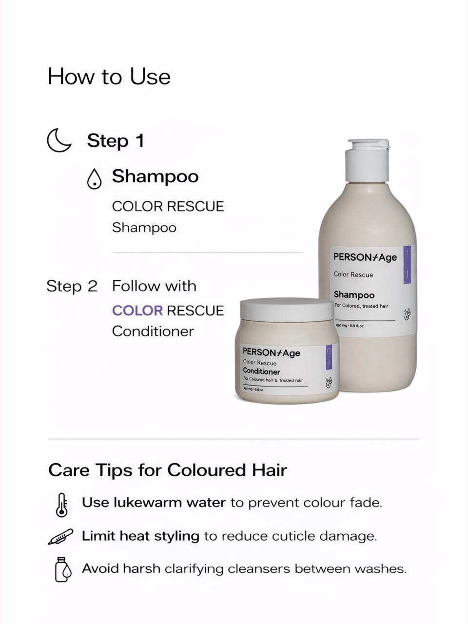 Persontage COLOUR RESCUE Shampoo Hair care product set with shampoo and conditioner on a white background