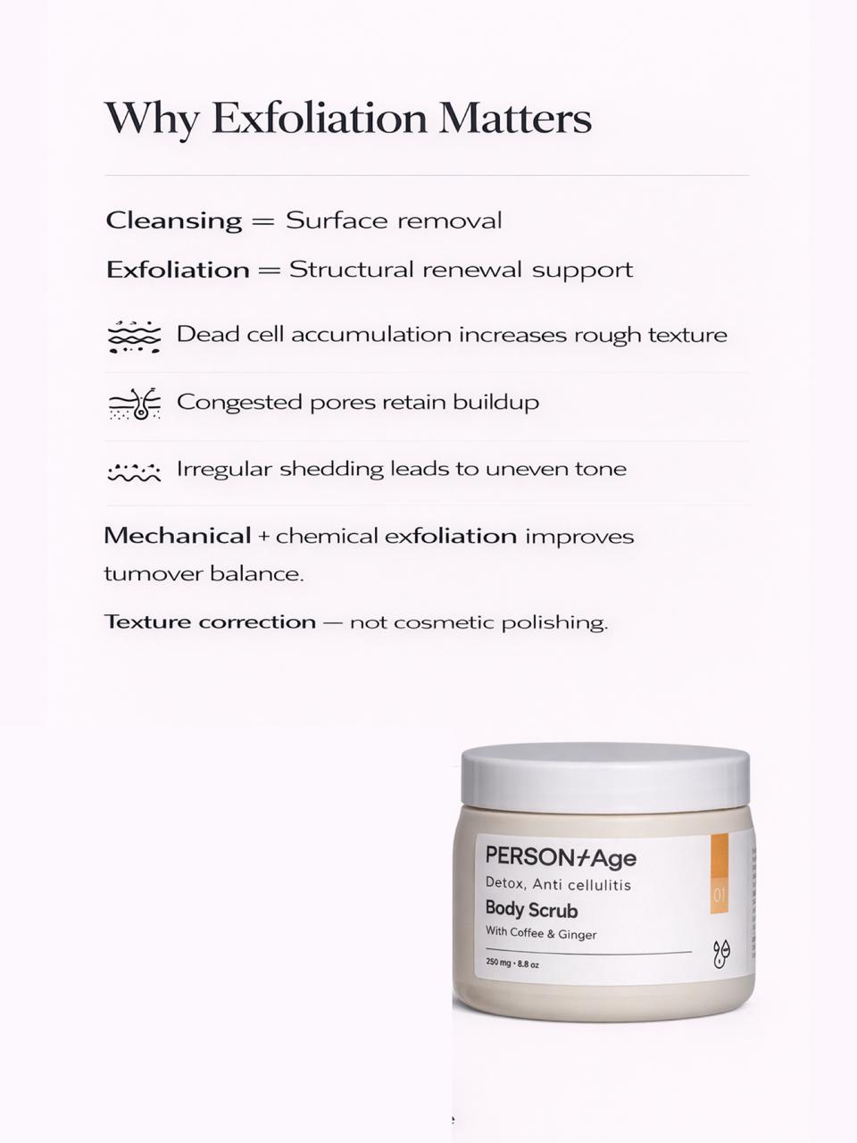 Persontage DETOX Body Scrub – Exfoliating Body Polish Body scrub jar with exfoliation information on a white background