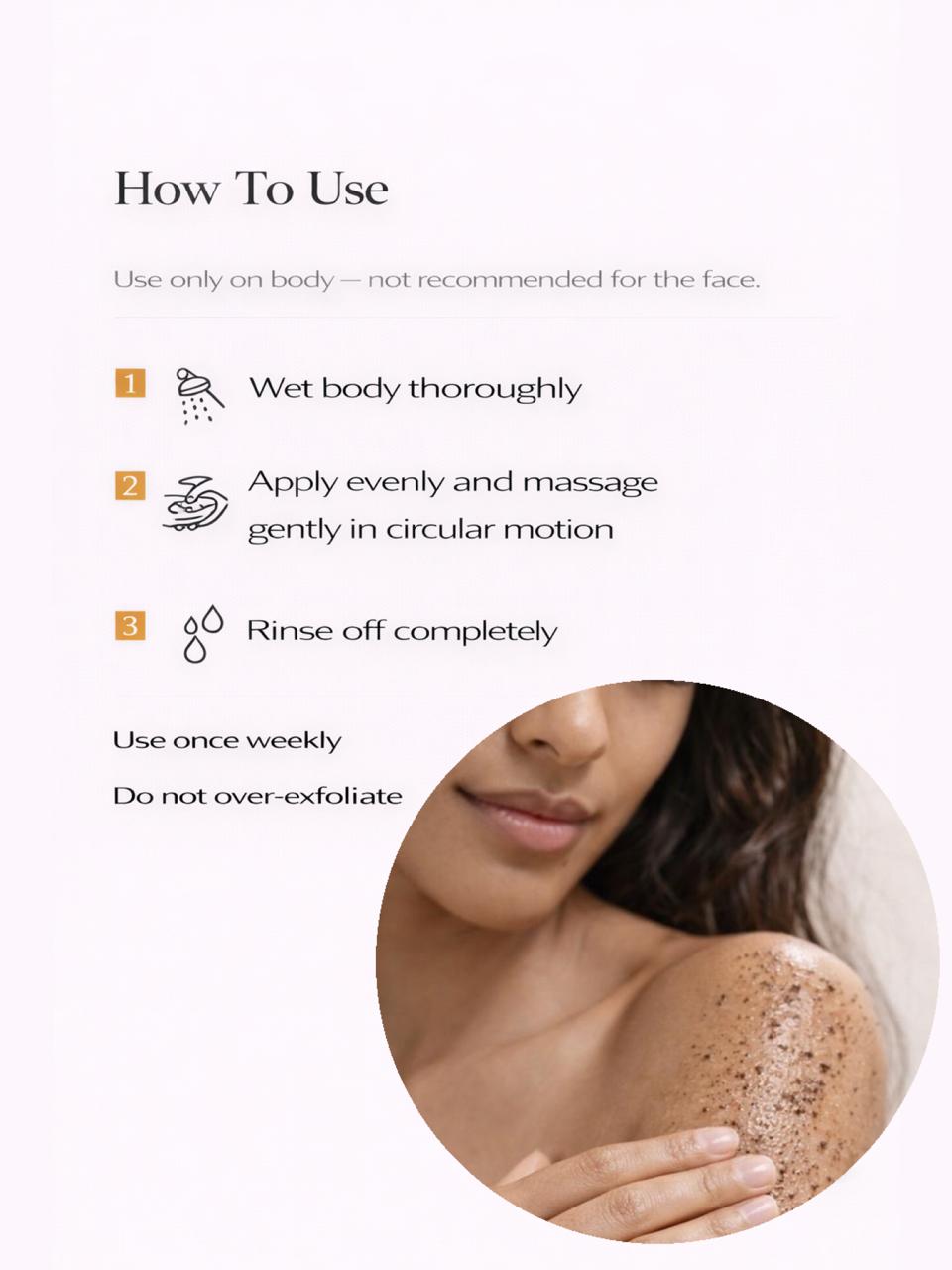 Persontage DETOX Body Scrub – Exfoliating Body Polish, Instructions for using a skin care product with a close-up of a person's shoulder.