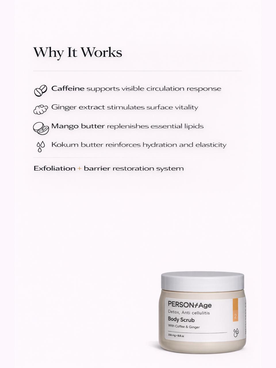 Persontage DETOX Body Scrub – Exfoliating Body Polish, Body scrub jar with ingredients listed on a white background
