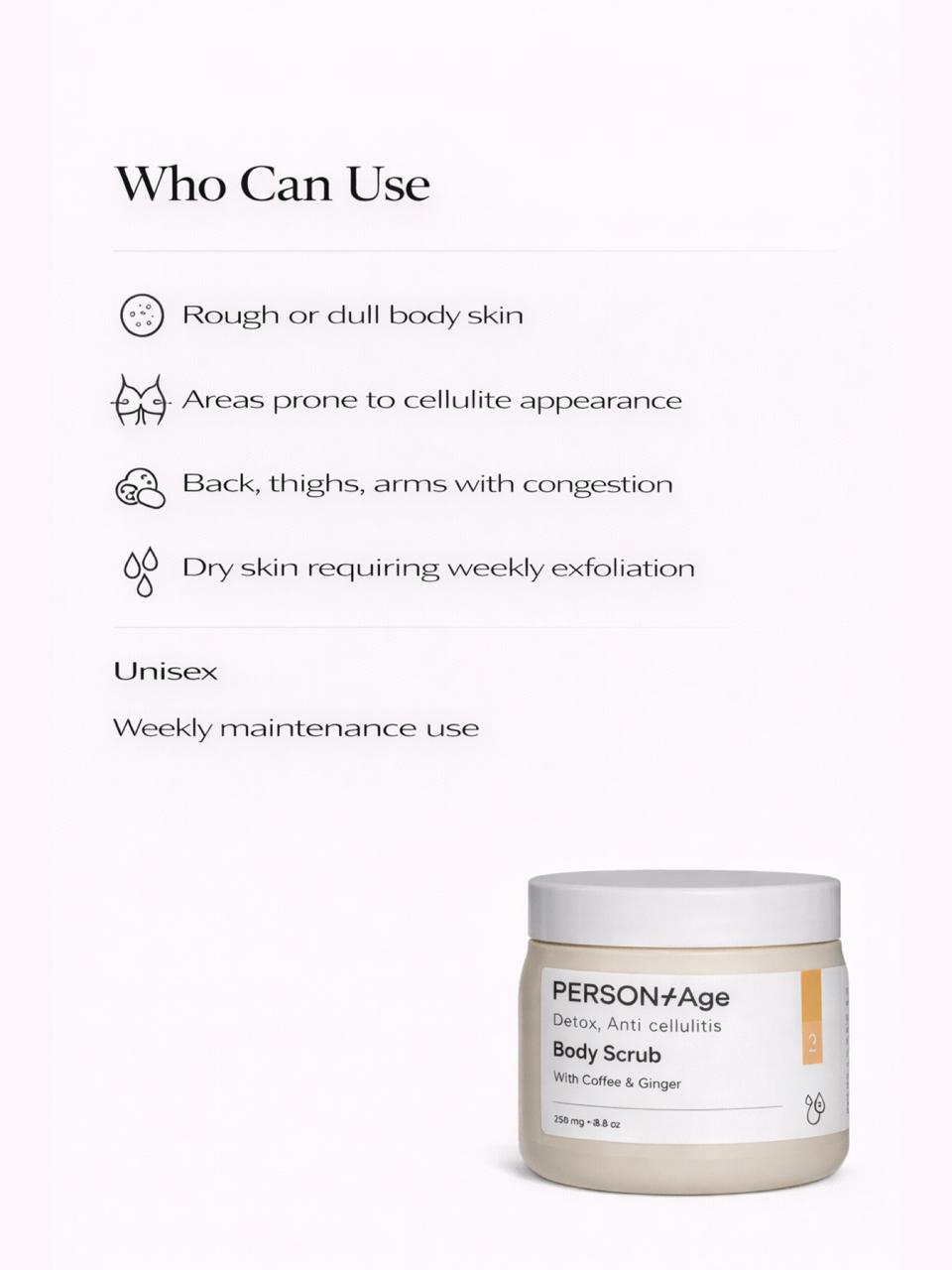 PersontAge DETOX Body Scrub – Exfoliating Body Polish, body scrub jar with usage instructions on a white background