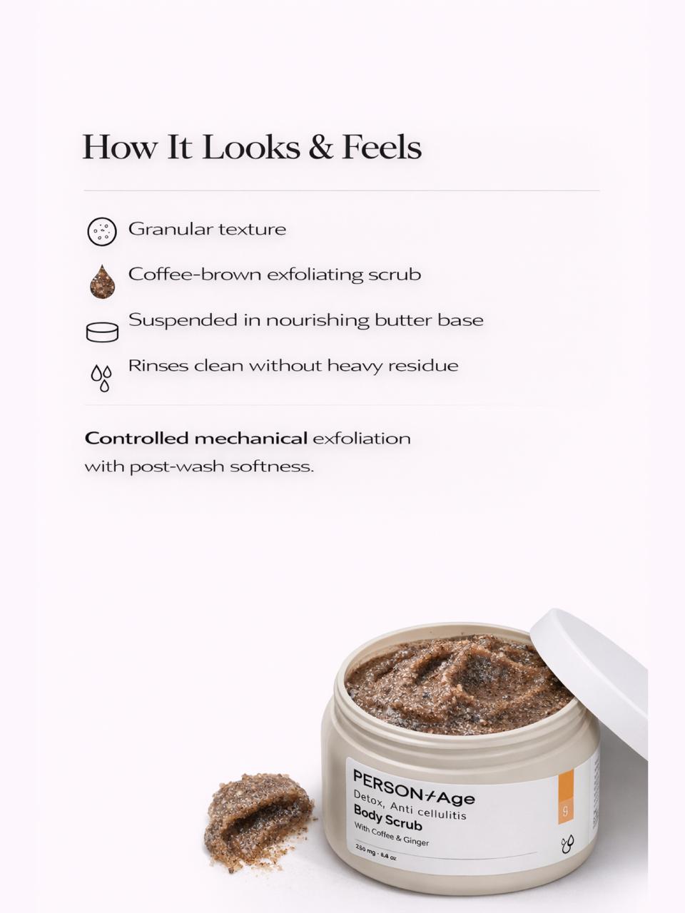 Persontage vDETOX Body Scrub – Exfoliating Body Polish - Body scrub with text describing its texture and benefits on a white background