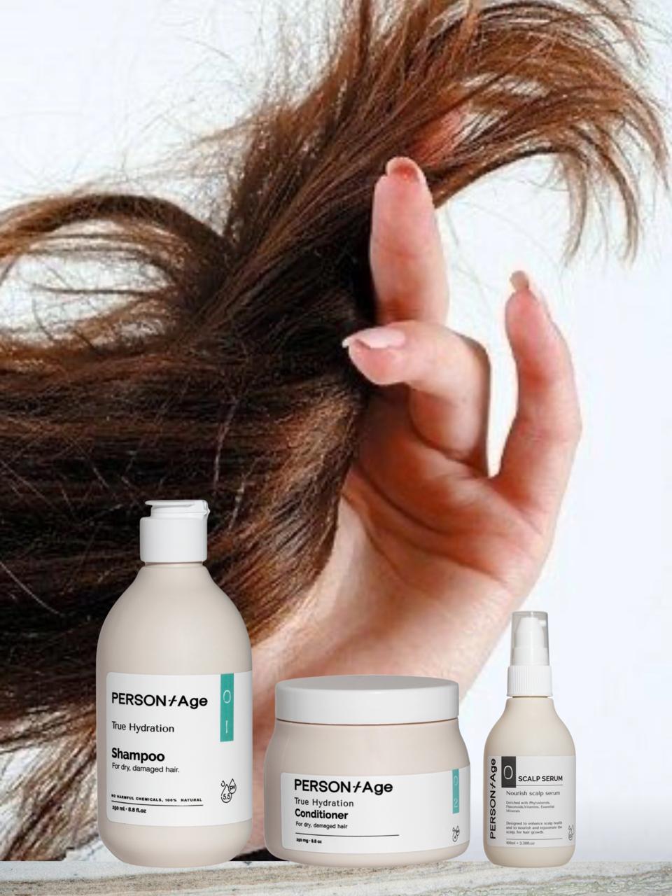 PersontAge DEEP HYDRATION Scalp & Hair Ritual - dry hair care products with a hand holding hair on a light background