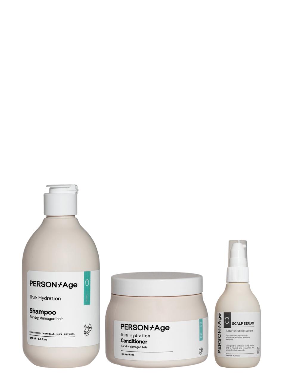 PersontAge DEEP HYDRATION Scalp & Hair Ritual - hair care product set including shampoo, conditioner, and serum on a white background