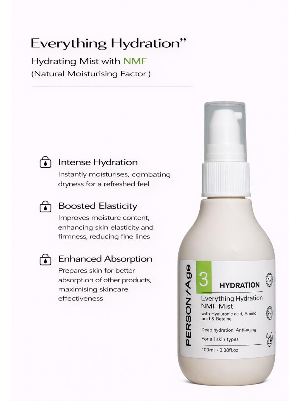 Persontage EVERYTHING HYDRATION – NMF Hydration Mist, Hydrating mist bottle with text on a white background