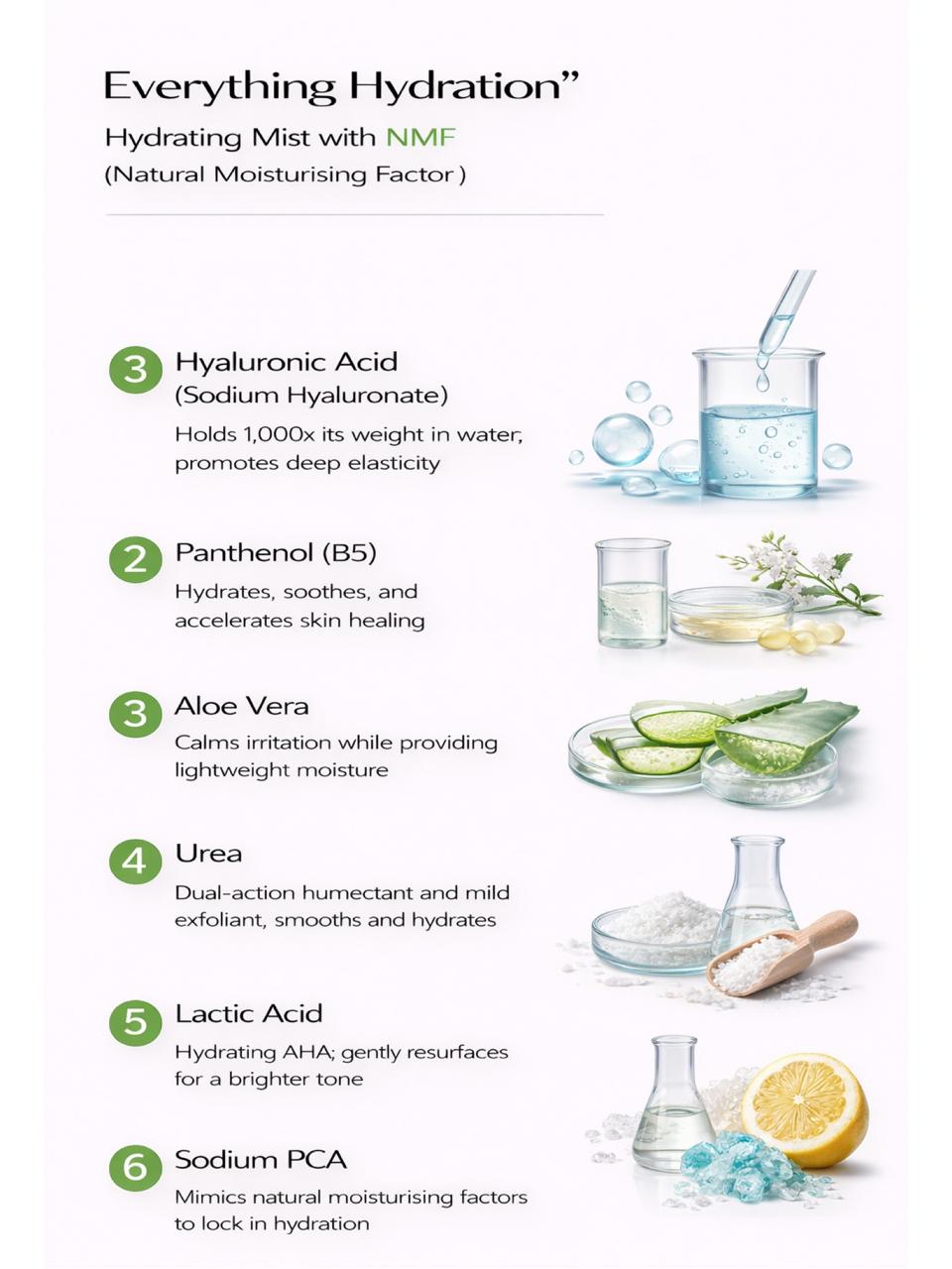 Persontage Product description card for 'Everything Hydration' hydrating mist with NMF, featuring images of water, aloe vera, and other elements.
