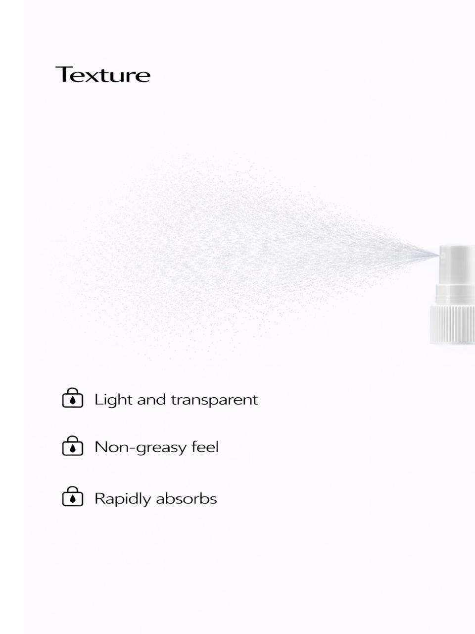 Persontage EVERYTHING HYDRATION – NMF Hydration Mist. Spray nozzle with text describing texture properties on a white background