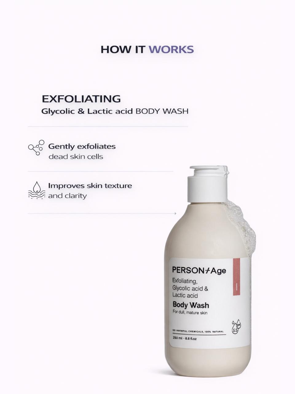 Persontage EXFOLIATING Body wash bottle with text on a white background