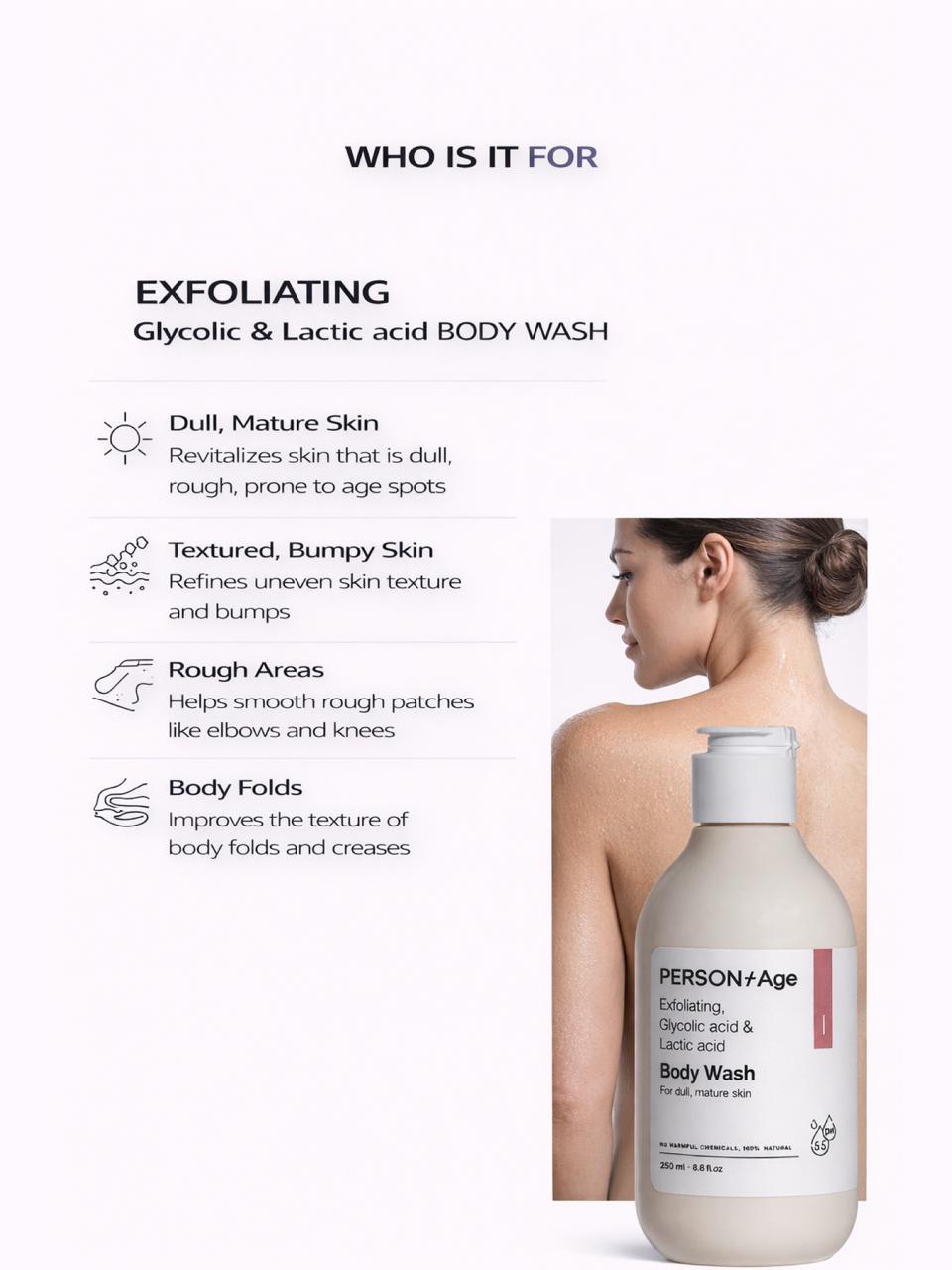Persontage EXFOLIATING Body Wash bottle with text on exfoliating benefits and target skin types.