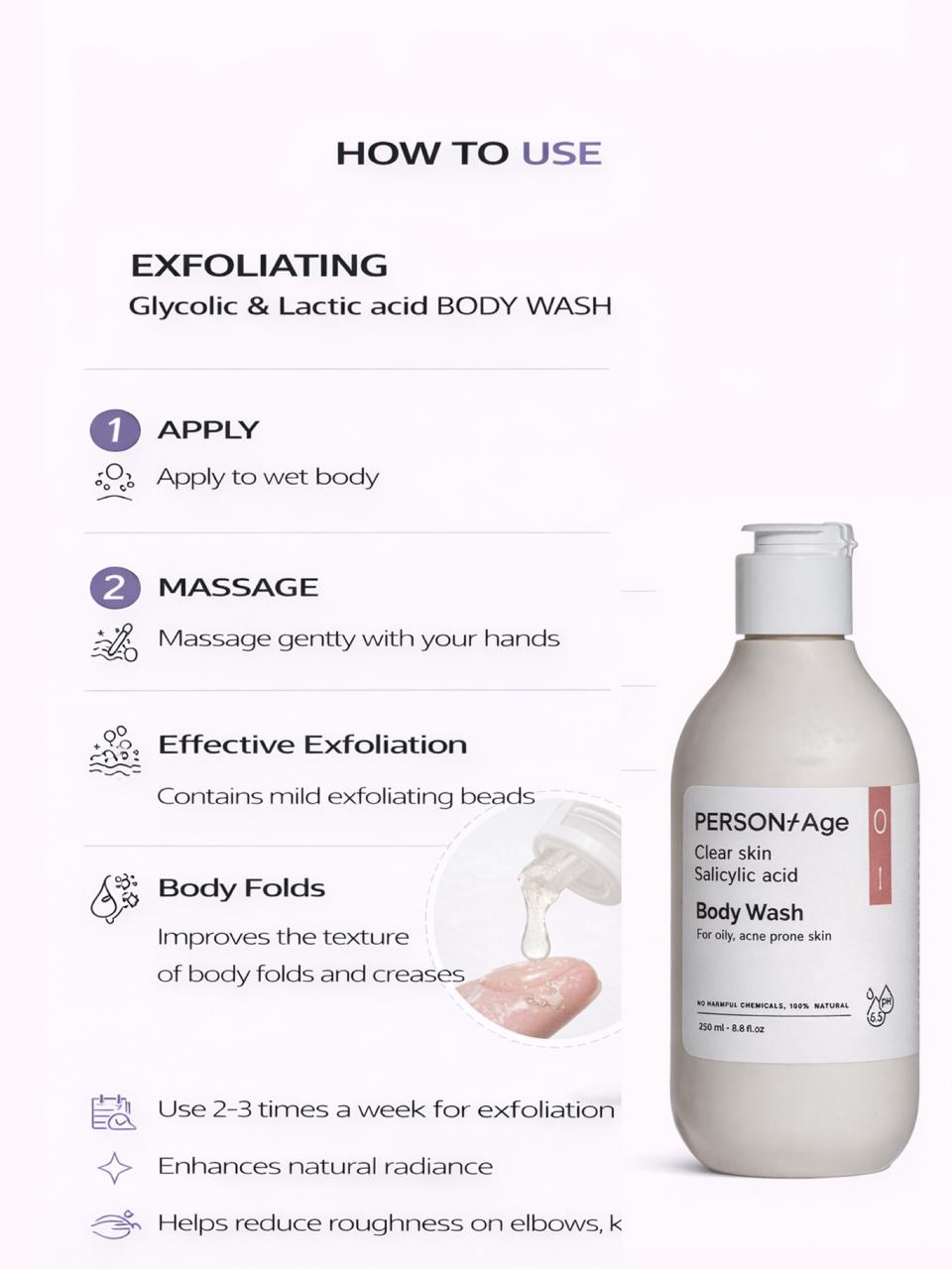 Persontage EXFOLIATING Body Wash  bottle with usage instructions on a white background