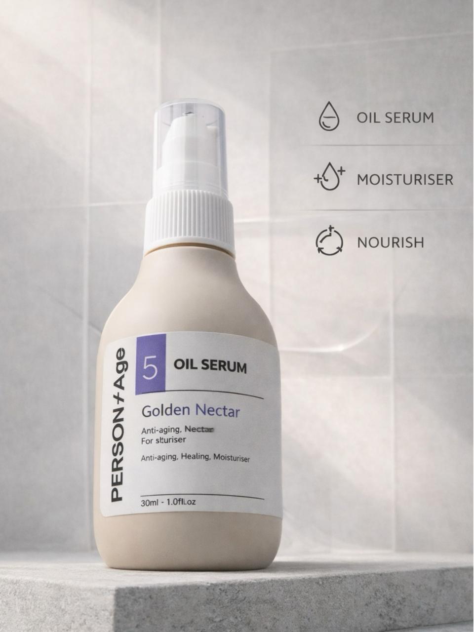 Oil serum bottle labeled 'PersontAge Golden Nectar' on a neutral background