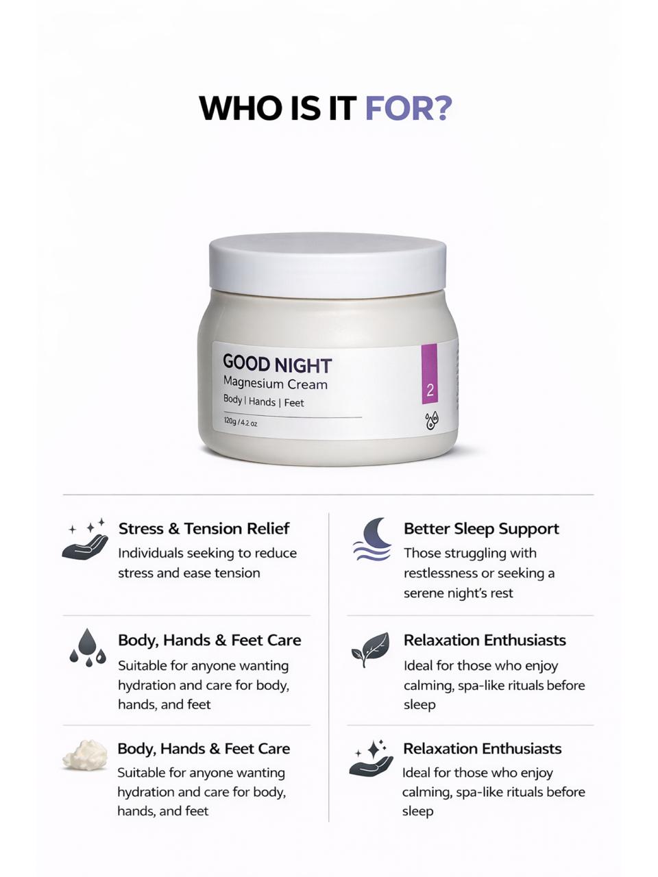 Persontage Good Night magnesium cream jar with usage information on a white background