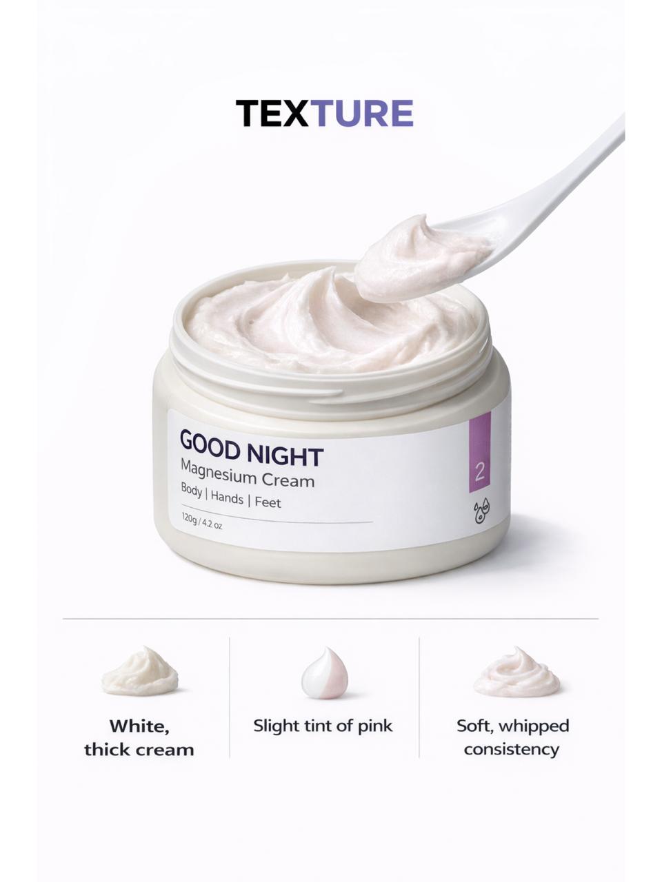 Persontage Good Night magnesium cream jar with texture description on a white background