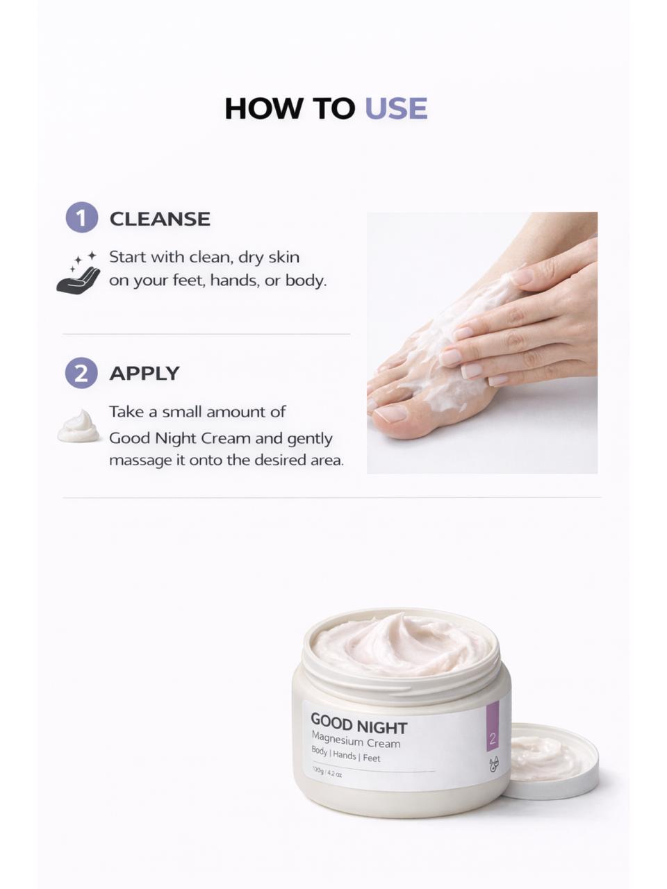 Instructions on how to use a jar of Persontage Good Night Cream with an inset showing hands applying cream.