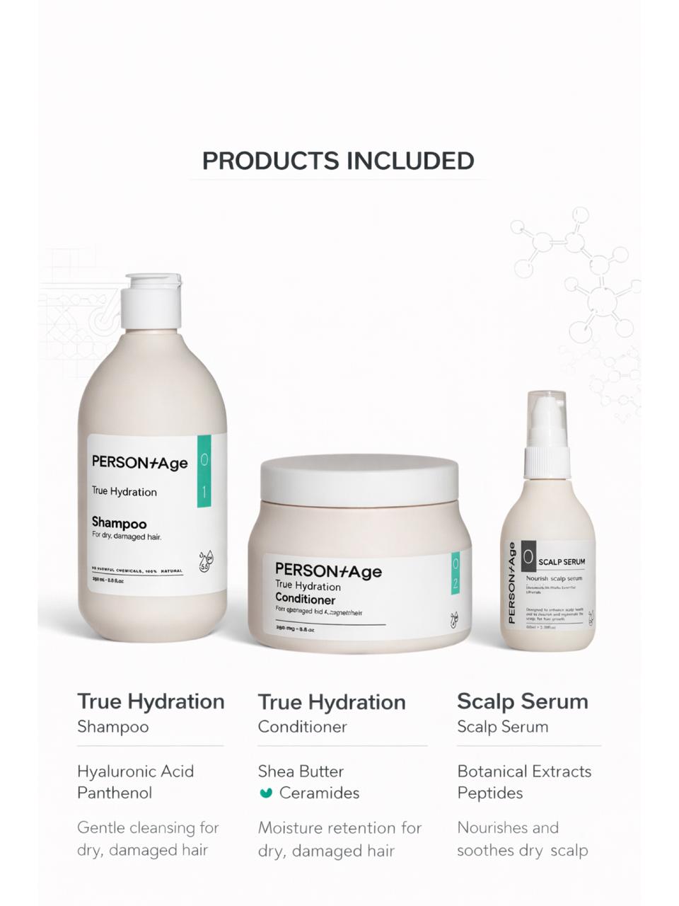 PersontAge DEEP HYDRATION Scalp & Hair Ritual - hair care product set including shampoo, conditioner, and scalp serum on a white background.