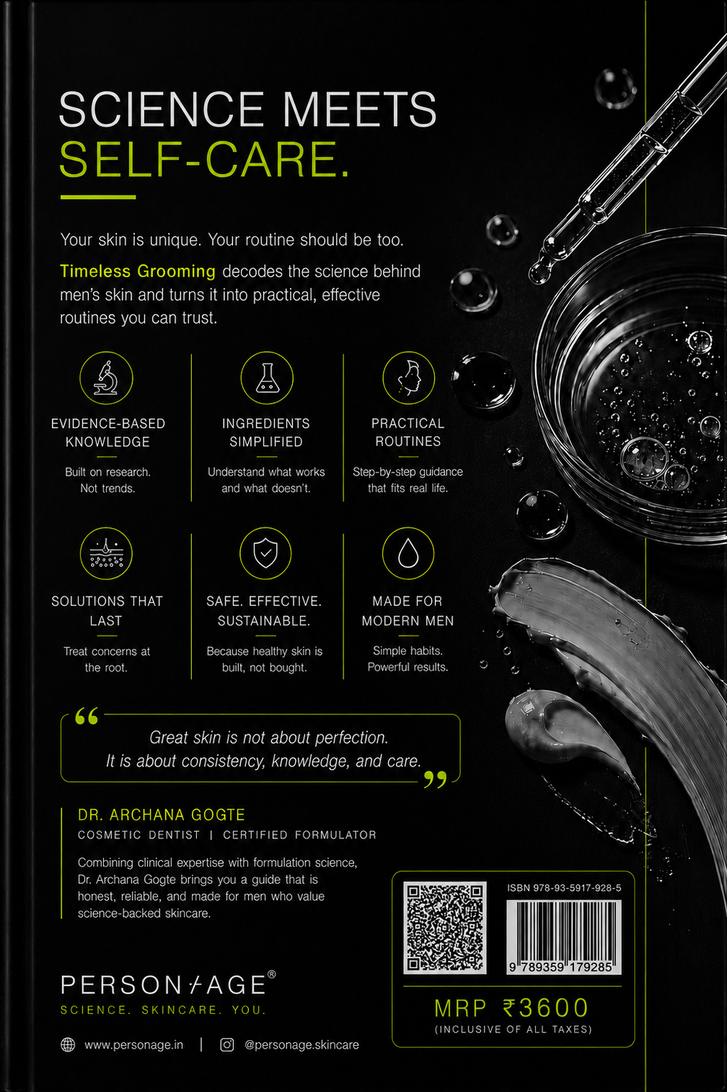 Product packaging for 'PersonAge' with text about science meets self-care on a black background.